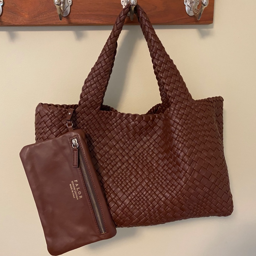 Falor Italia Gigliola F7349 large smooth Woven Leather tote bag Italy  NWT